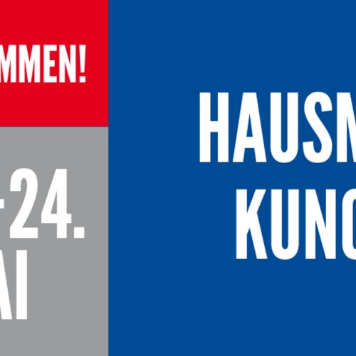 Ein einladendes Banner mit dem Text 'Willkommen!' und den Daten der Hausmesse vom 23. bis 24. Mai.